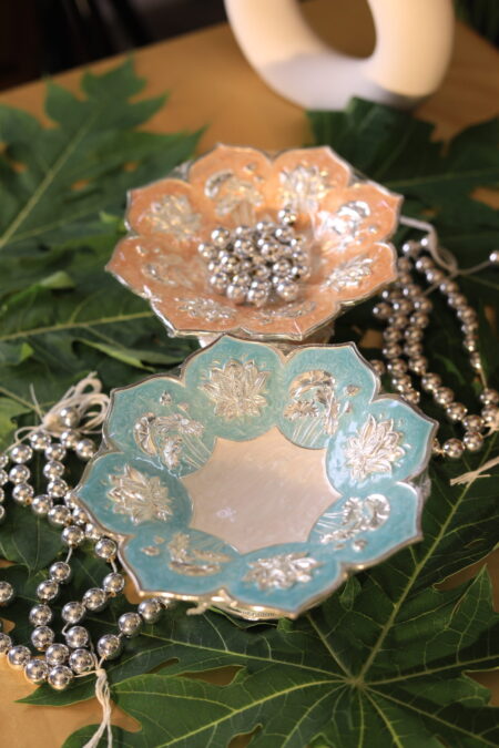 🌸 Handcrafted Enamel Silver-Plated Lotus Bowls – Set of 2