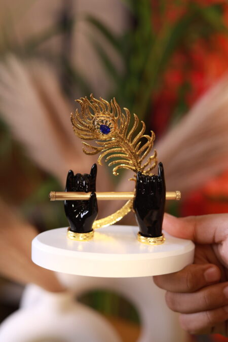 🕉️ Divine Krishna Flute Holder with Peacock Feather – Elegant Table Décor Gift