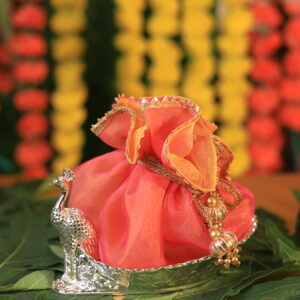 Giforia Royal Peacock Potli Gift Set 🦚🎁✨ | Silver Tray with Designer Potli