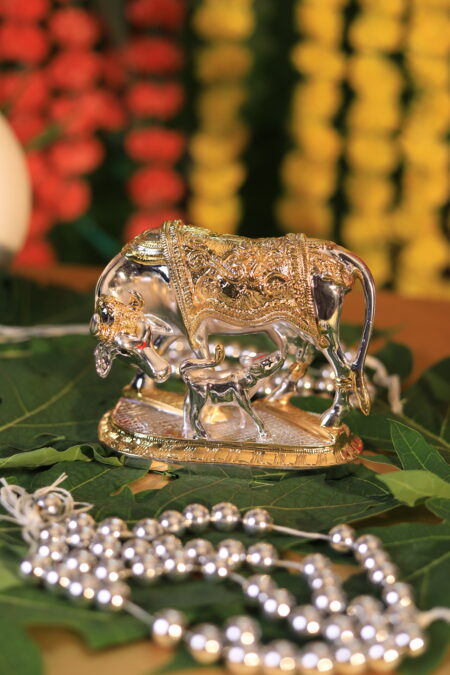Giforia Divine Kamdhenu Cow & Calf Idol 🐄✨ | Silver–Gold Plated Prosperity Figurine